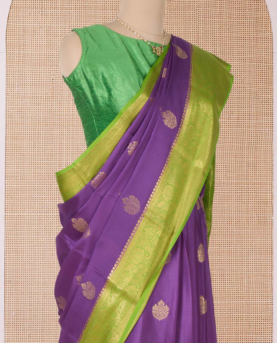 Purple zari buttas Mysore silk saree, contrast floral creeper zari border, and pallu of intricate designs - Image 3