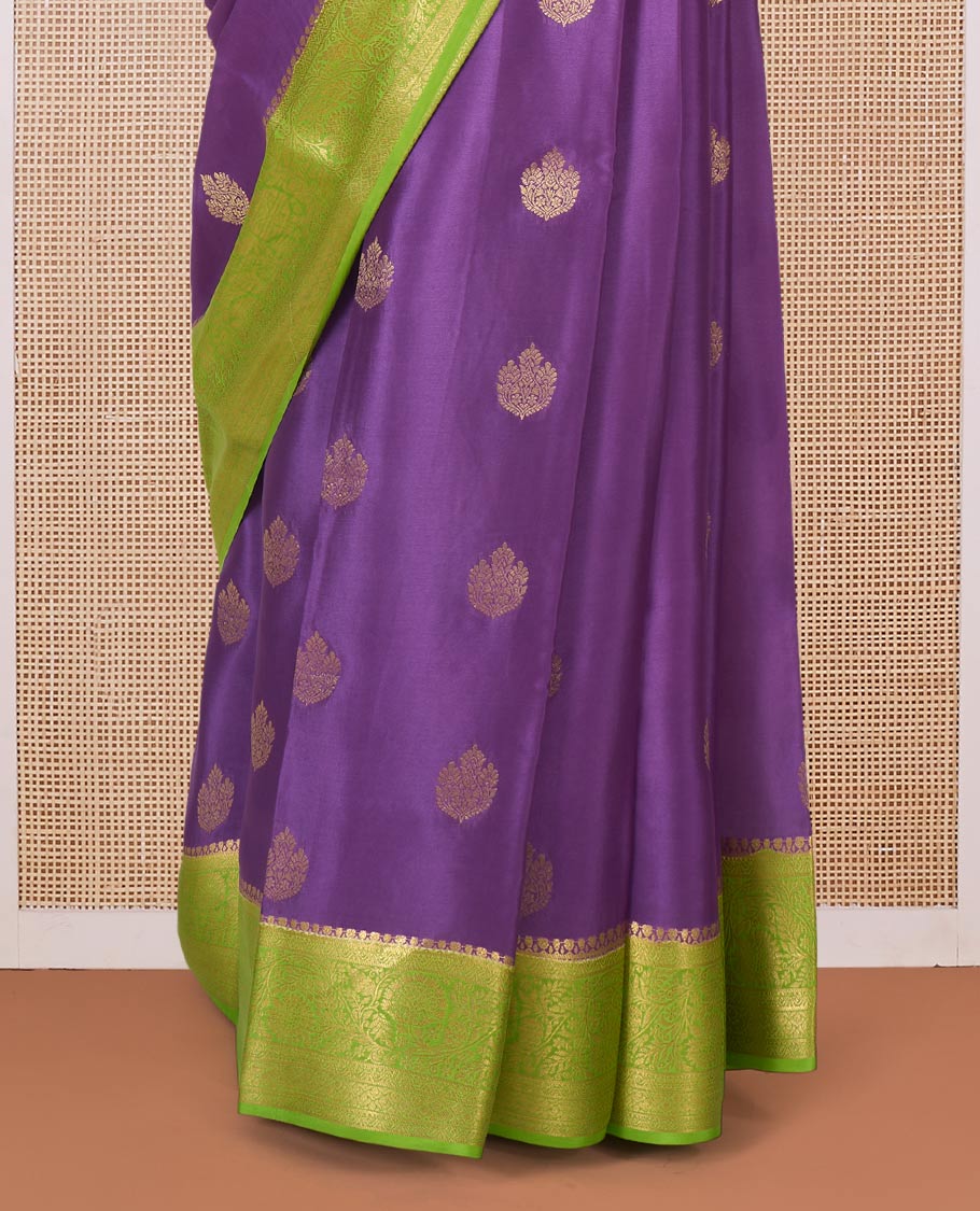 Purple zari buttas Mysore silk saree, contrast floral creeper zari border, and pallu of intricate designs - Image 4