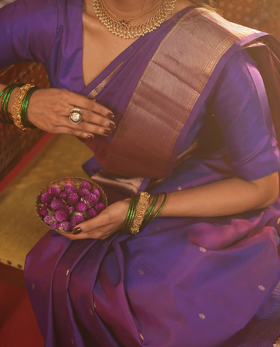 Violet zari buttas Vasundhara silk saree, zari border of thilakam mokku, muthu, cross kamalam, and mayil kann designs, and intricate pallu - Image 3