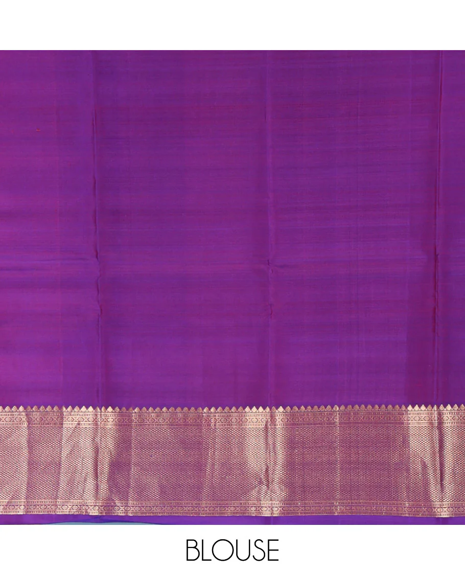 Violet zari buttas Vasundhara silk saree, zari border of thilakam mokku, muthu, cross kamalam, and mayil kann designs, and intricate pallu - Image 6