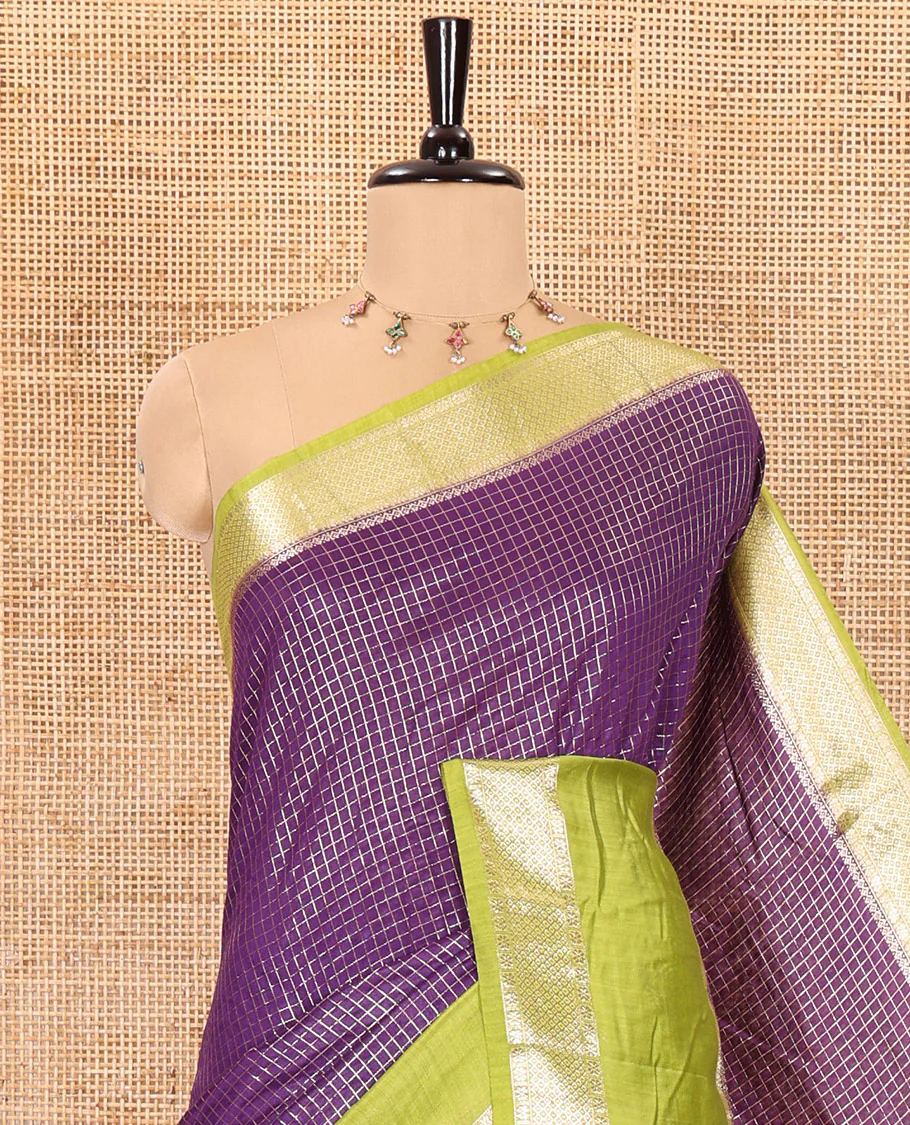 Violet zari checked Assam cotton saree, contrast traditional zari design border, zari design pallu, and a contrast zari design blouse - Image 2