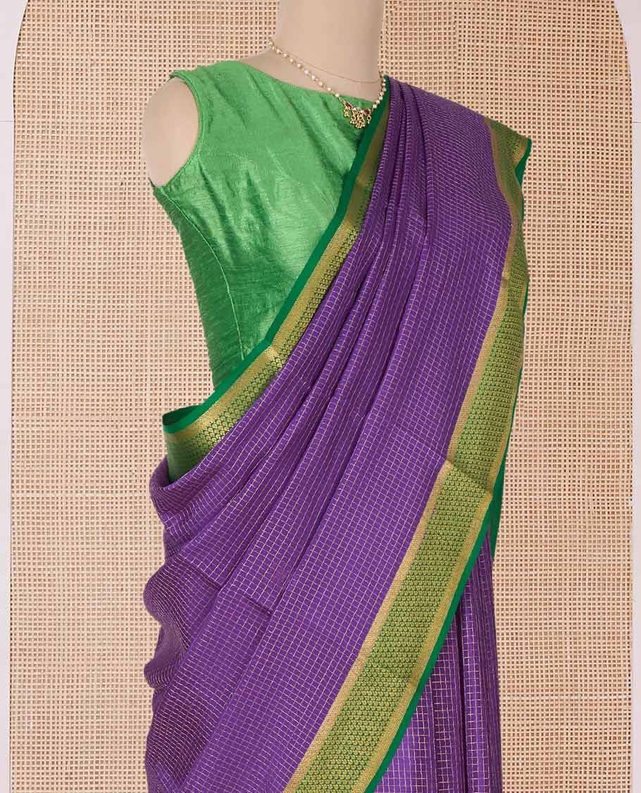 Purple zari checked Mysore silk saree, contrast peacock eye border, and pallu of zari stripes - Image 3