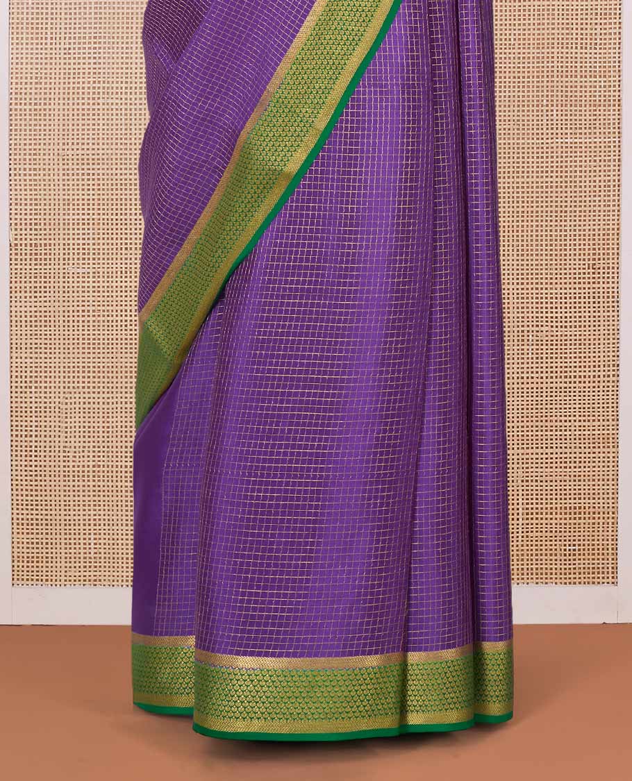 Purple zari checked Mysore silk saree, contrast peacock eye border, and pallu of zari stripes - Image 4