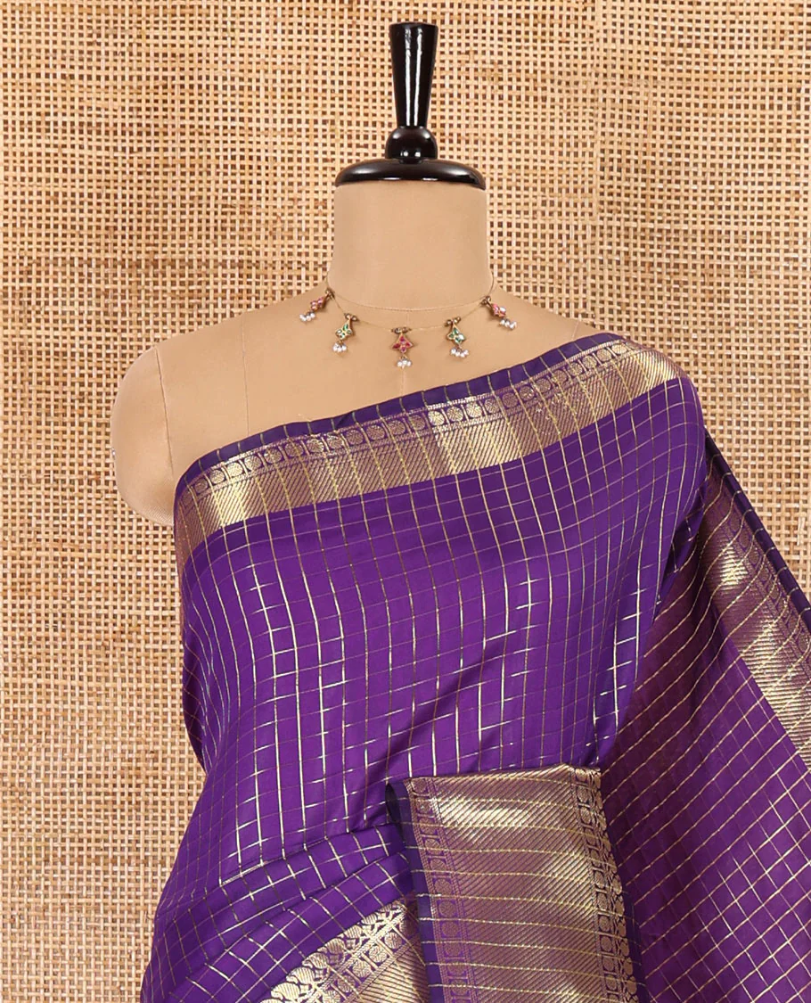Violet zari checked semi-katan silk saree, traditional zari border, zari-rich pallu, and a matching blouse - Image 2