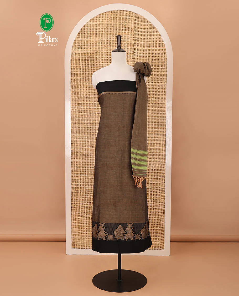 Walnut brown mercerised cotton material chudidar set, Madhubani-style bride-groom motif woven top, bottom & dupatta