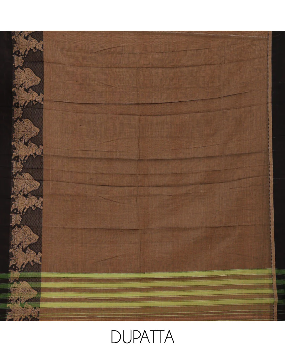 Walnut brown mercerised cotton material chudidar set, Madhubani-style bride-groom motif woven top, bottom & dupatta - Image 2