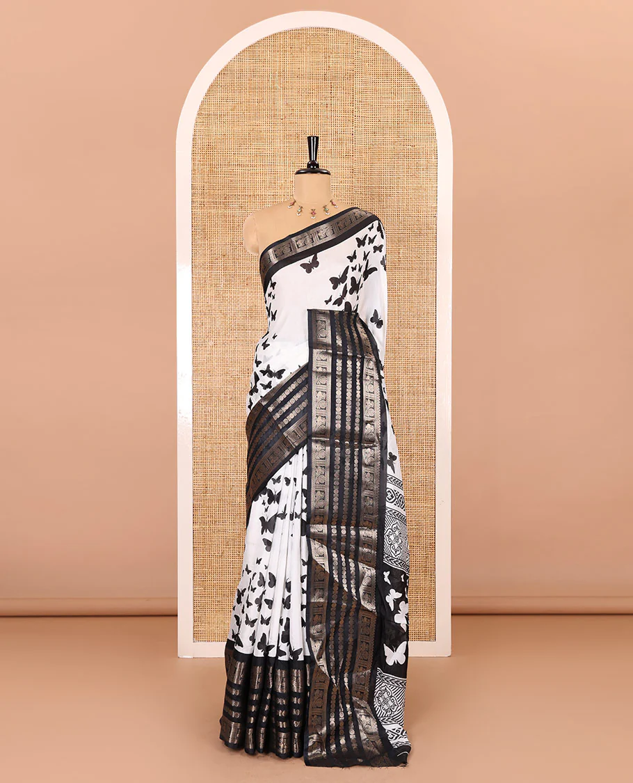 White and black butterflies printed dola silk saree, contrast traditional zari border, printed pallu, and a contrast plain blouse - Image 2
