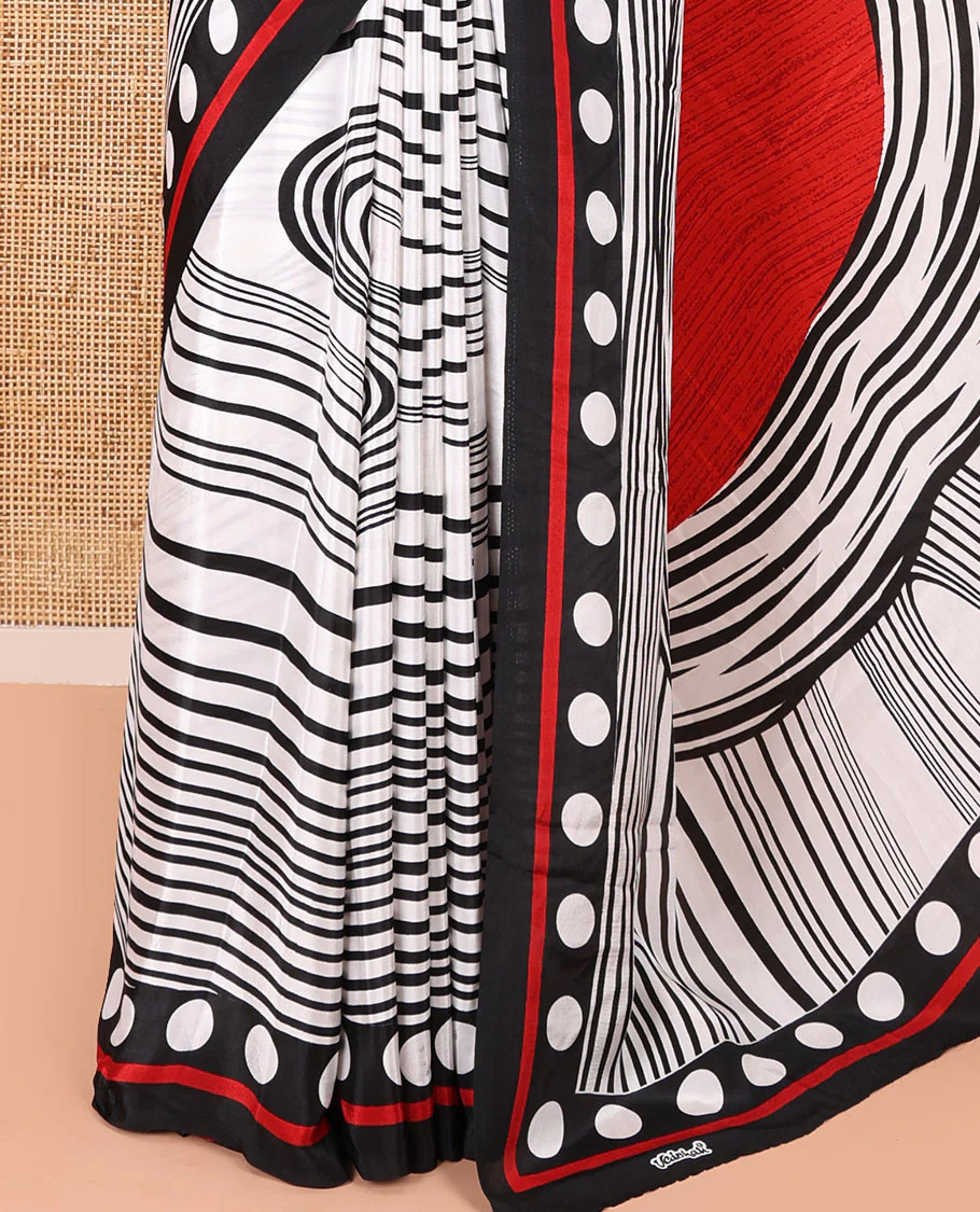 White and black horizontal stripes and wavy patterned crepe silk saree, small coin buttas printed blouse, big circle motifs printed pallu, and a plain blouse - Image 3