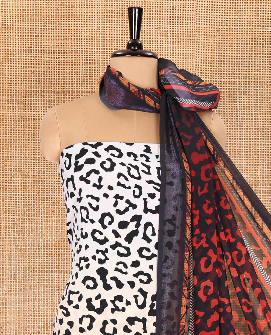White and black material chudidar set, cheetah skin and floral-printed Italian crepe top, a plain bottom, and a georgette dupatta of cheetah skin and floral print - Image 3