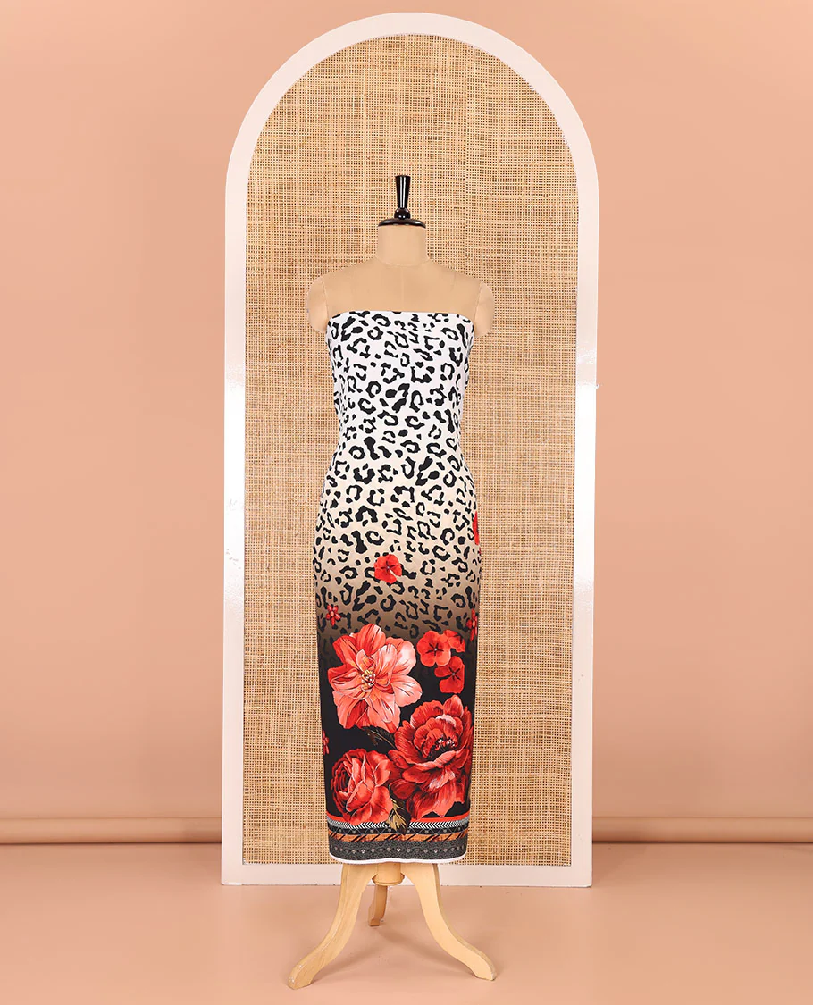 White and black material chudidar set, cheetah skin and floral-printed Italian crepe top, a plain bottom, and a georgette dupatta of cheetah skin and floral print - Image 4
