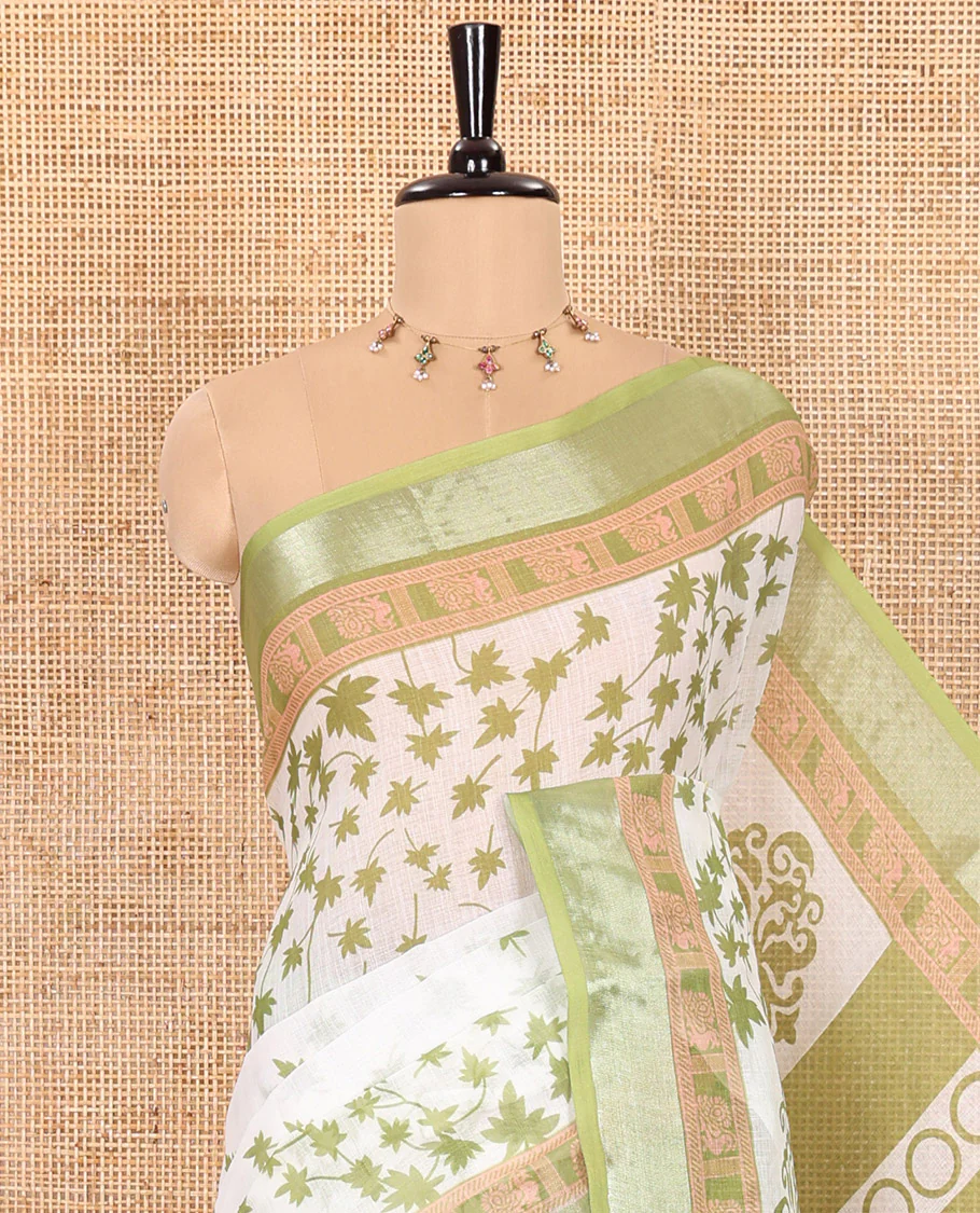 White and Green Linen Cotton Saree Featuring Field Maple Leaf Motifs Printed All Over the Body, Complemented by a Contrast Zari and Peacock-Printed Border, Pallu of Geometric Print, and Paired with a Contrast Checked Blouse - Image 2