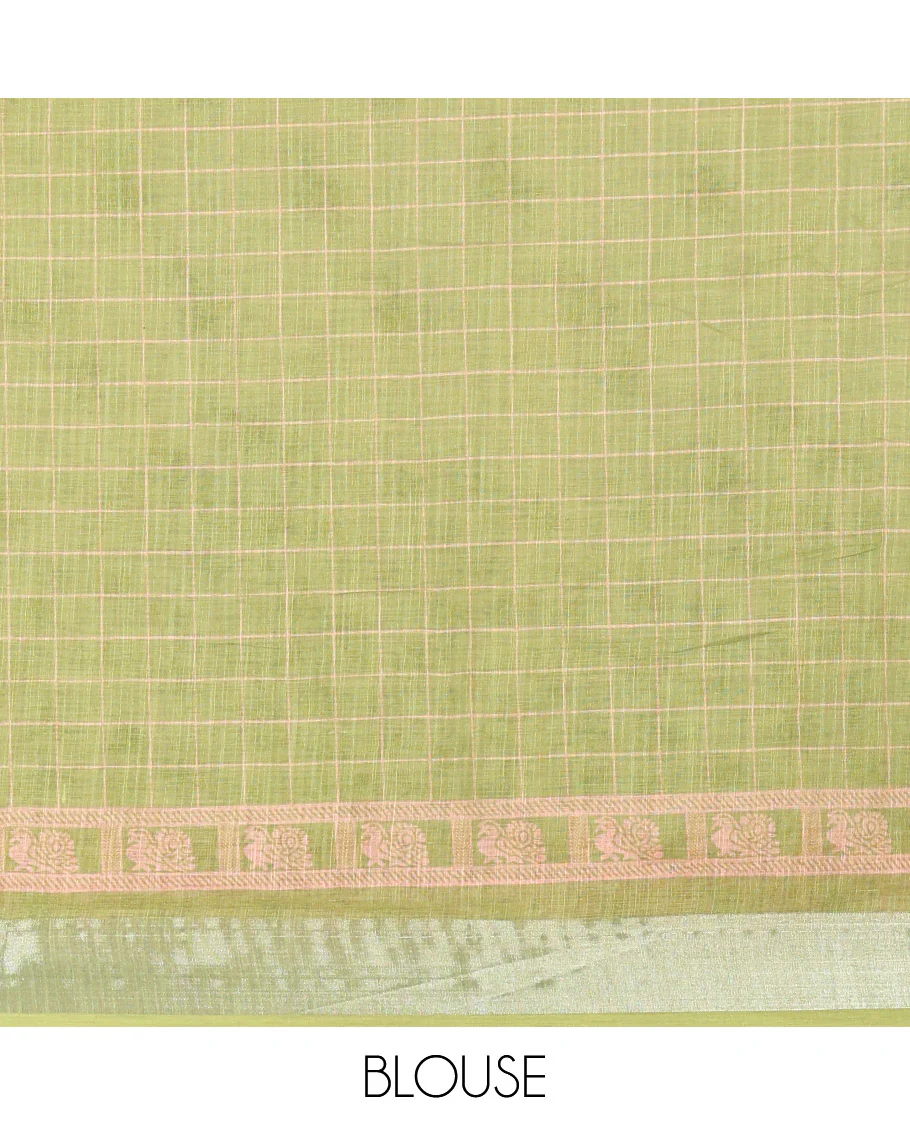 White and Green Linen Cotton Saree Featuring Field Maple Leaf Motifs Printed All Over the Body, Complemented by a Contrast Zari and Peacock-Printed Border, Pallu of Geometric Print, and Paired with a Contrast Checked Blouse - Image 3