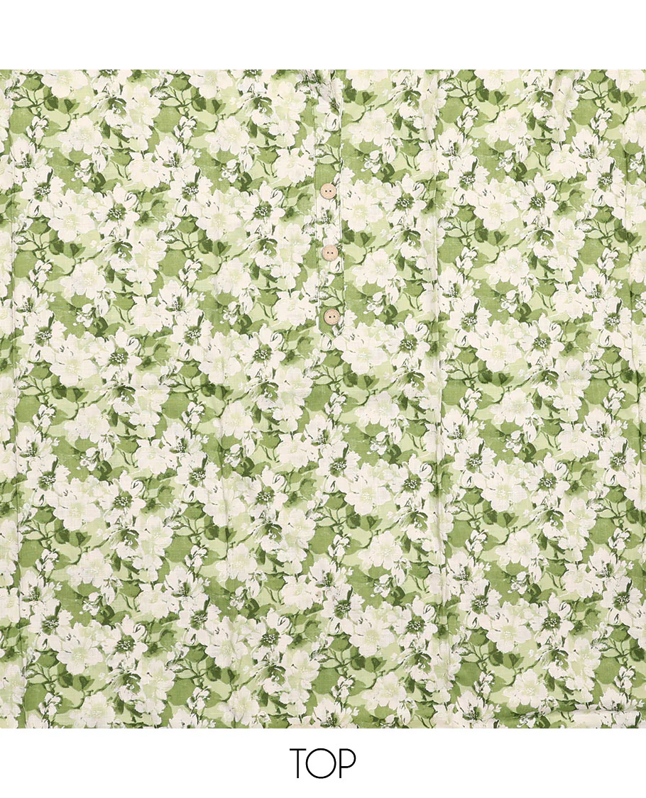 White and green material chudidar set, floral printed with button work top, printed bottom, and sequins striped dupatta - Image 2
