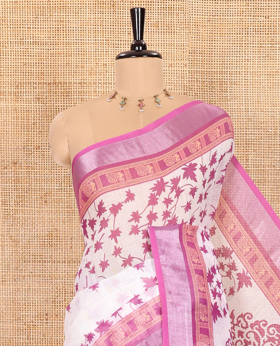 White and Pink Linen Cotton Saree Featuring Field Maple Leaf Motifs Printed All Over the Body, Complemented by a Contrast Zari and Peacock-Printed Border, Pallu of Geometric Print, and Paired with a Contrast Checked Blouse - Image 2