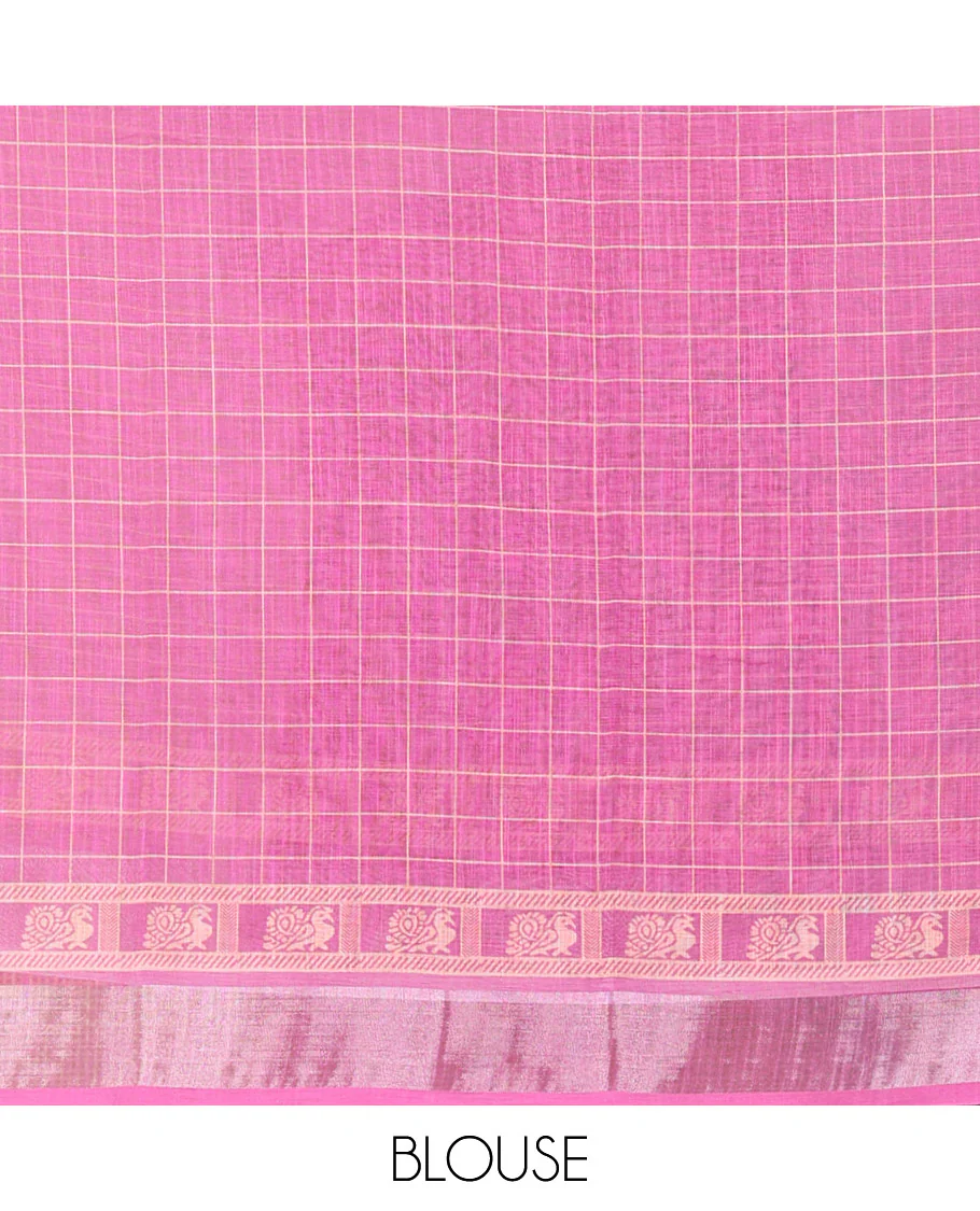 White and Pink Linen Cotton Saree Featuring Field Maple Leaf Motifs Printed All Over the Body, Complemented by a Contrast Zari and Peacock-Printed Border, Pallu of Geometric Print, and Paired with a Contrast Checked Blouse - Image 3