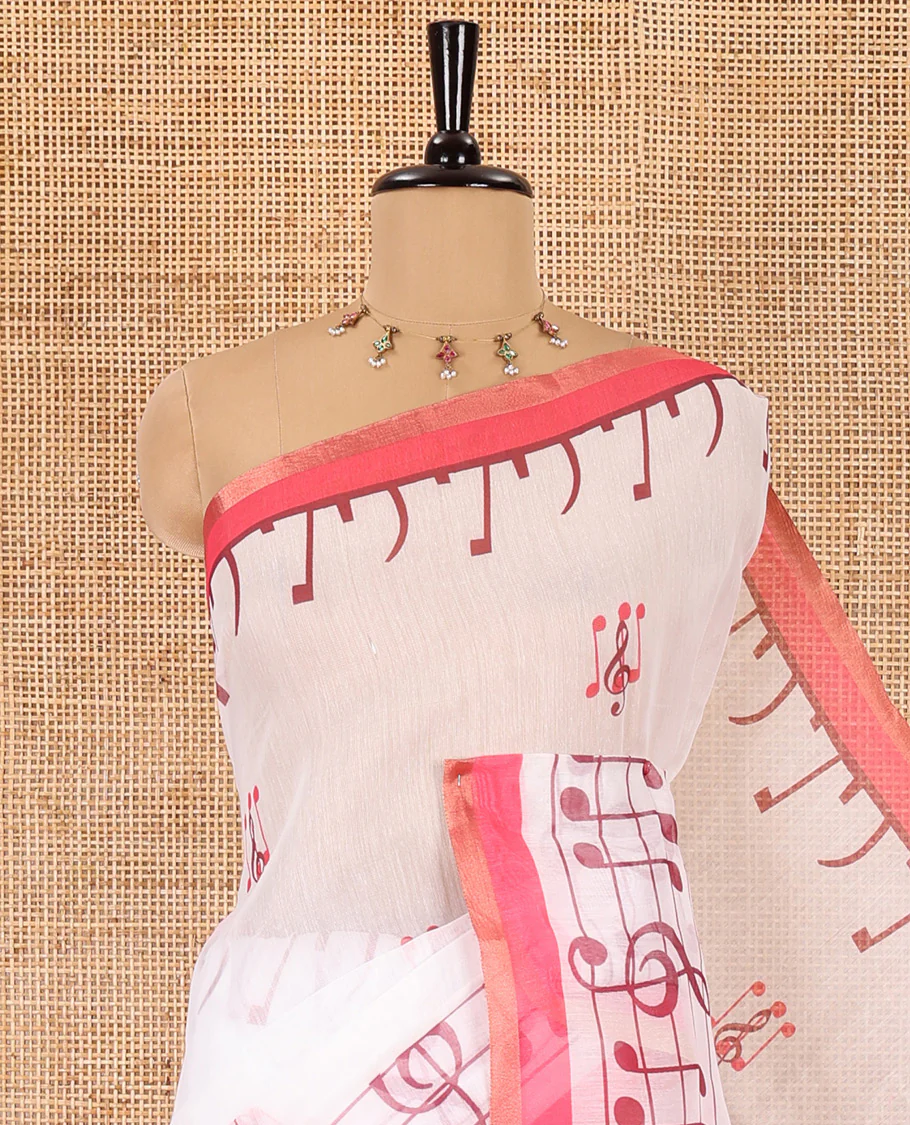 White and pink musical note motifs printed Chanderi cotton saree, zari piping border, geometric printed pallu, and a unique motifs printed blouse - Image 2