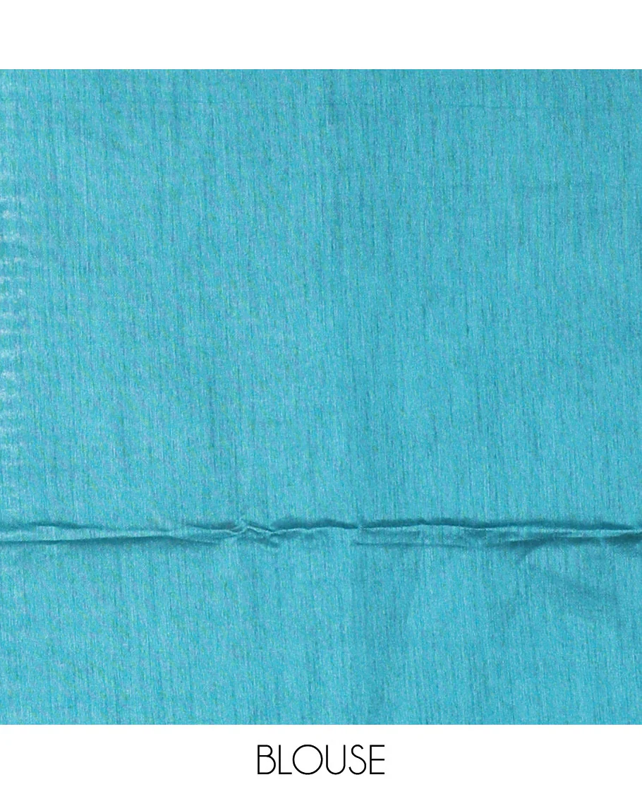 White and rama sequins striped Linen cotton saree, contrast zari sequins striped border, striped pallu, and a contrast plain blouse - Image 3