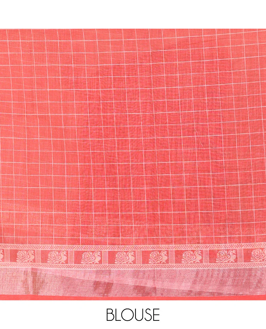 White and Red Linen Cotton Saree Featuring Field Maple Leaf Motifs Printed All Over the Body, Complemented by a Contrast Zari and Peacock-Printed Border, Pallu of Geometric Print, and Paired with a Contrast Checked Blouse - Image 3