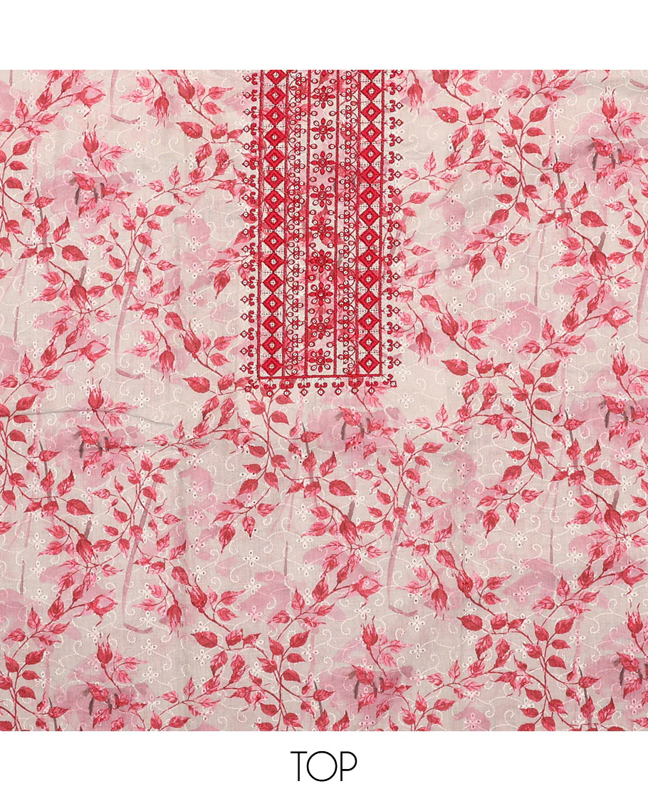 White and red material chudidar set, floral print, cut work and embroidered top, contrast plain bottom, and sequins striped dupatta - Image 2