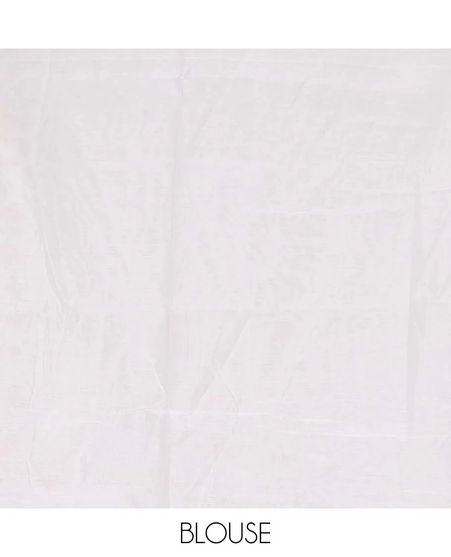 White and red motifs printed linen cotton saree, contrast temple geometric patterns printed border, and pallu of human doll and geometric print - Image 2