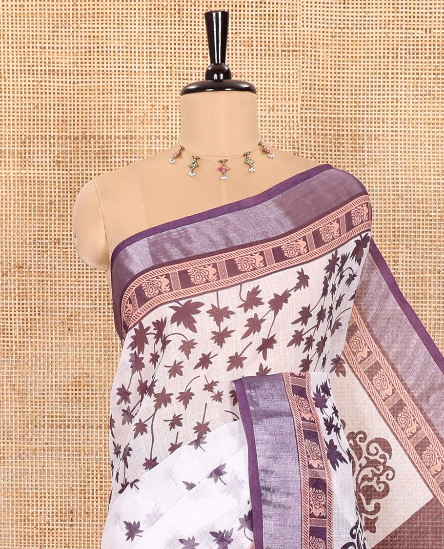 White and Wine Linen Cotton Saree Featuring Field Maple Leaf Motifs Printed All Over the Body, Complemented by a Contrast Zari and Peacock-Printed Border, Pallu of Geometric Print, and Paired with a Contrast Checked Blouse - Image 2