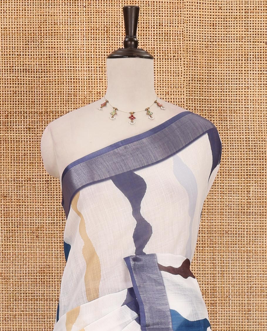 White-blue shibori printed linen saree, silver zari border, shibori printed pallu & contrast shibori printed blouse - Image 3