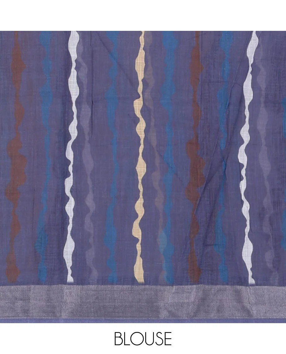 White-blue shibori printed linen saree, silver zari border, shibori printed pallu & contrast shibori printed blouse - Image 4