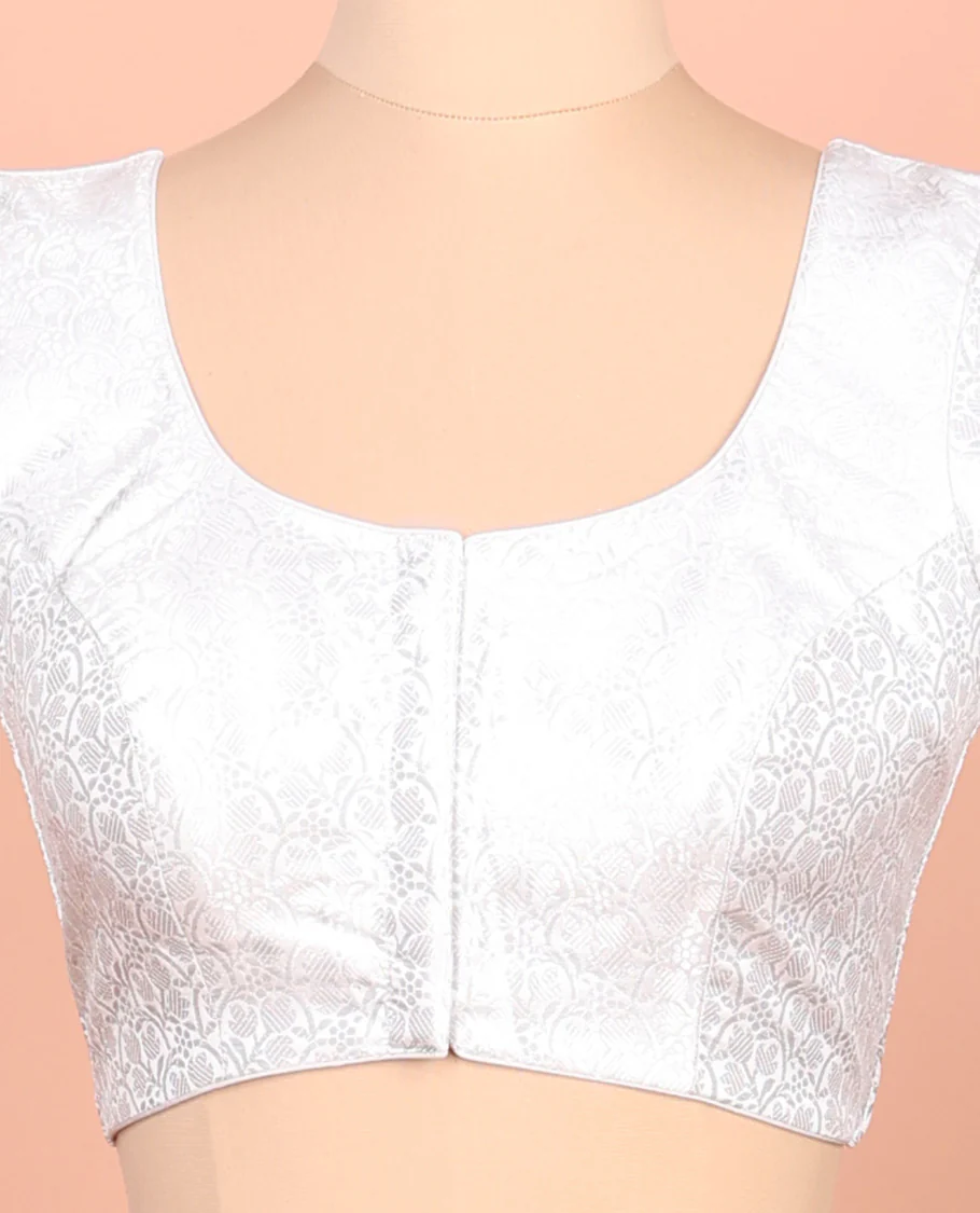 White brocade front-back round neck elbow-sleeve readymade blouse - Image 3