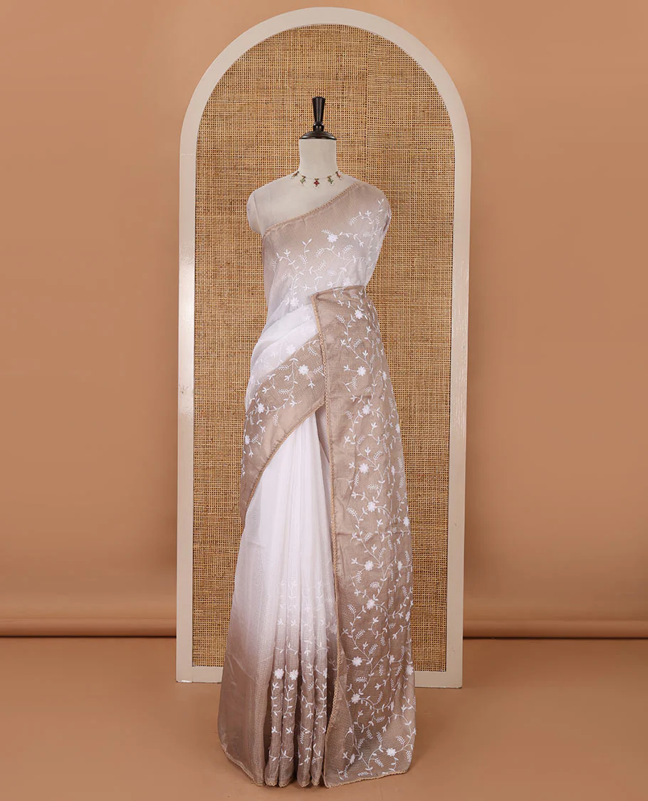 White-brown color 2D-style print & floral vine chikankari embroidered kota check saree, lace border & plain blouse - Image 2