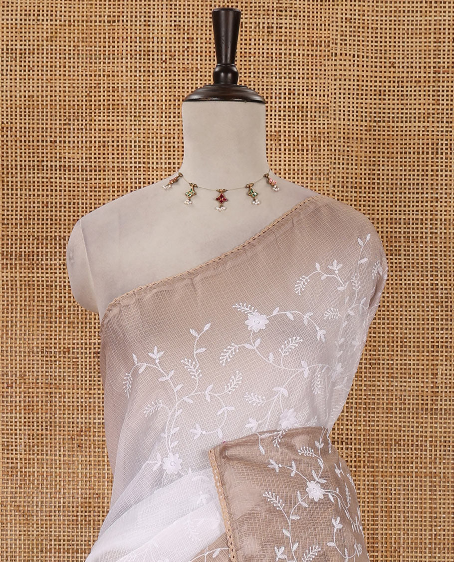 White-brown color 2D-style print & floral vine chikankari embroidered kota check saree, lace border & plain blouse - Image 3
