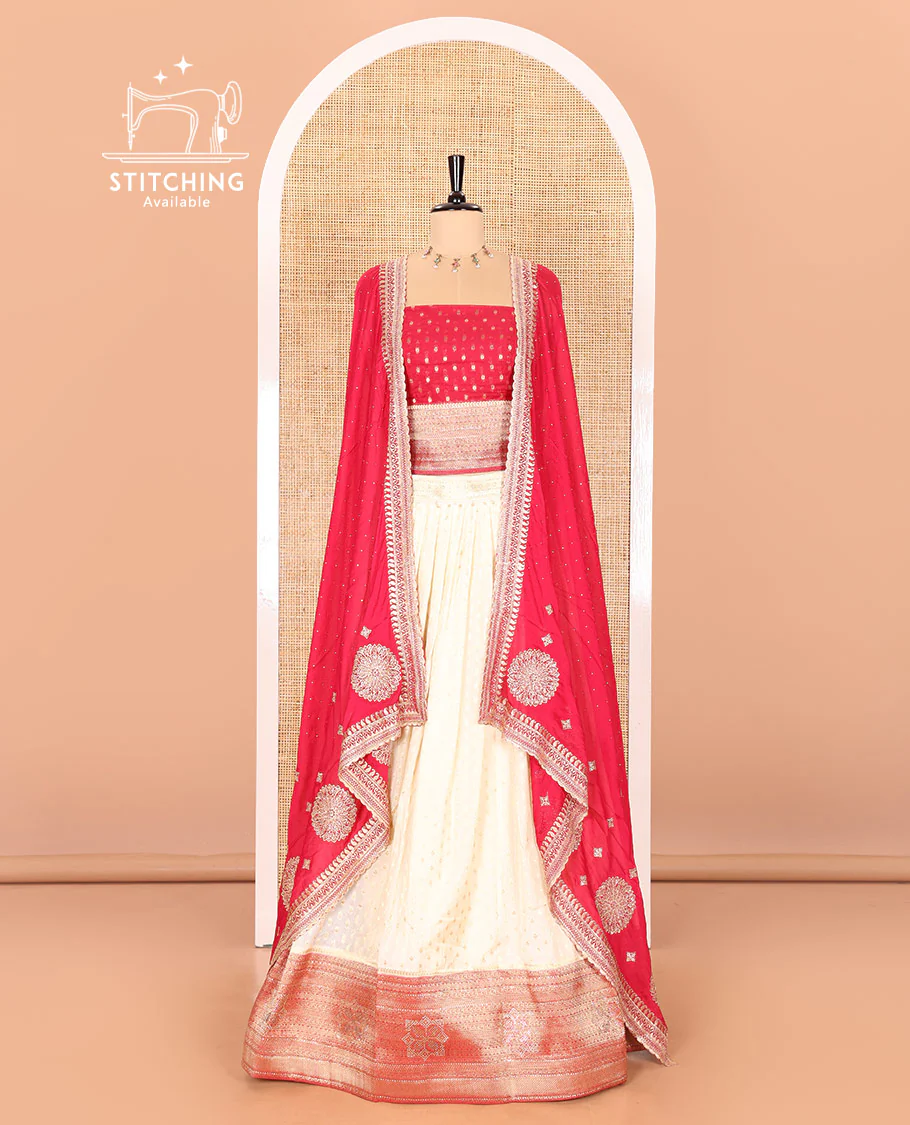 White Buttas Embroidered Half-Saree with Contrast Traditional Motifs, Embroidered Viscose Georgette Border, Contrast Blouse, and an Intricately Embroidered Syska Georgette Dhavani - Image 2
