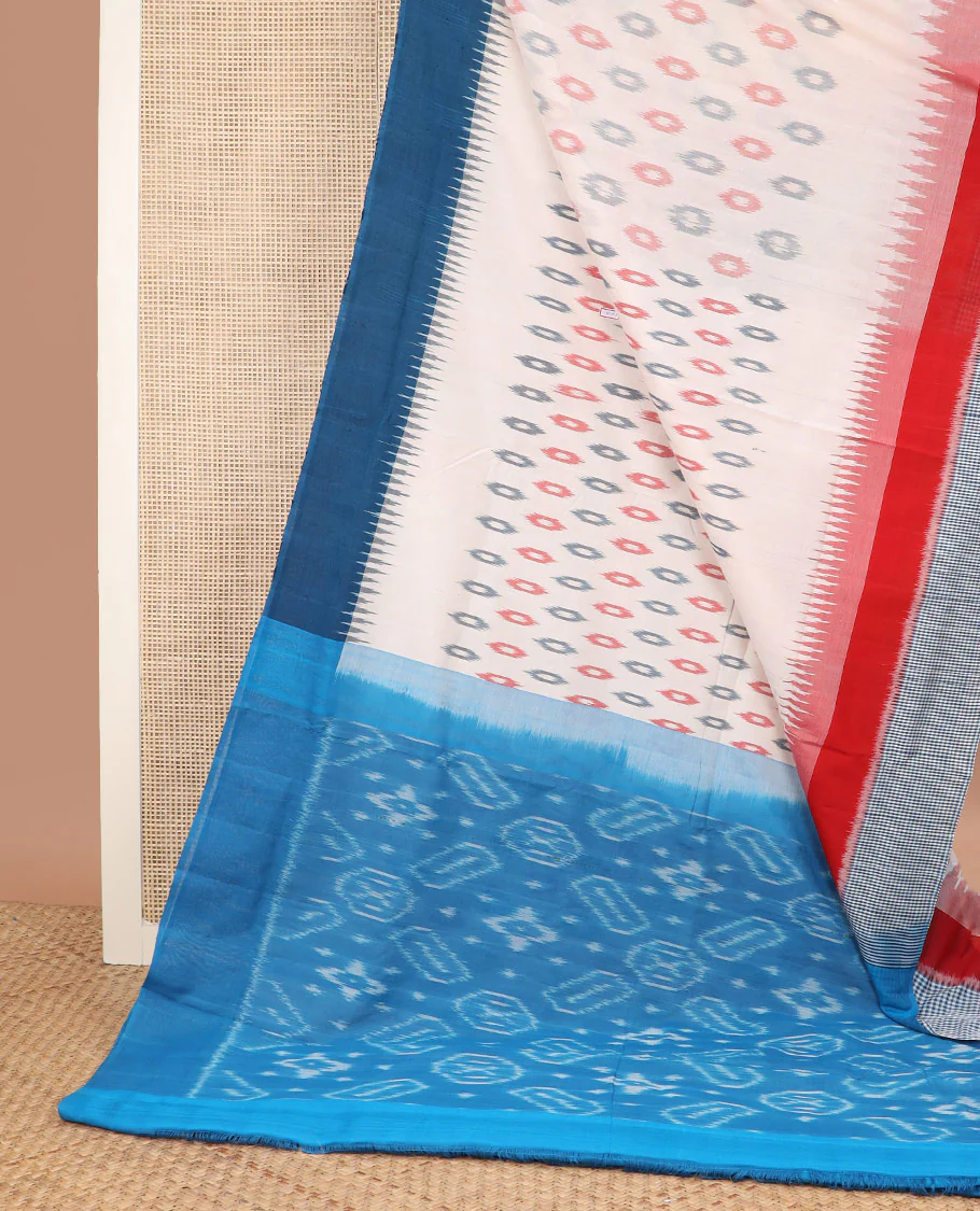 White buttas Pochampally ikkat saree, contrast ganga jamuna temple one-side checked border, and ikkat design pallu - Image 2
