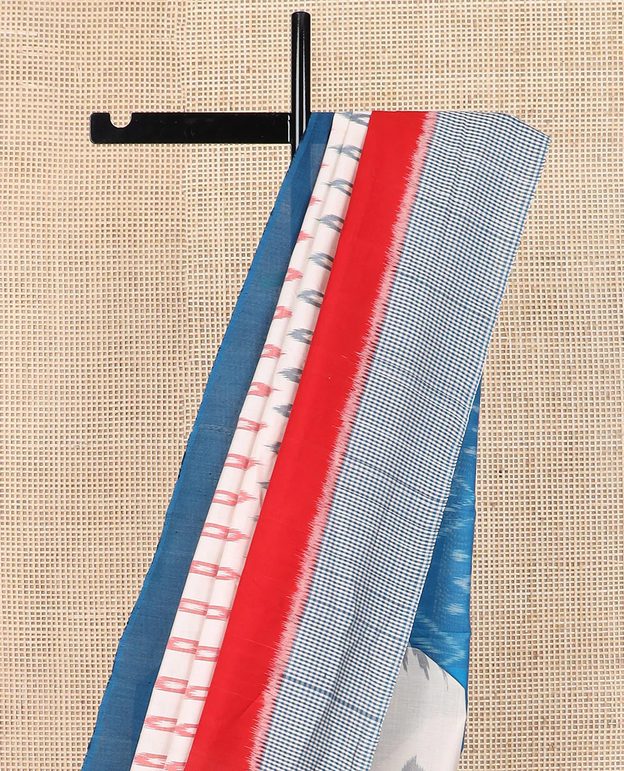 White buttas Pochampally ikkat saree, contrast ganga jamuna temple one-side checked border, and ikkat design pallu - Image 3