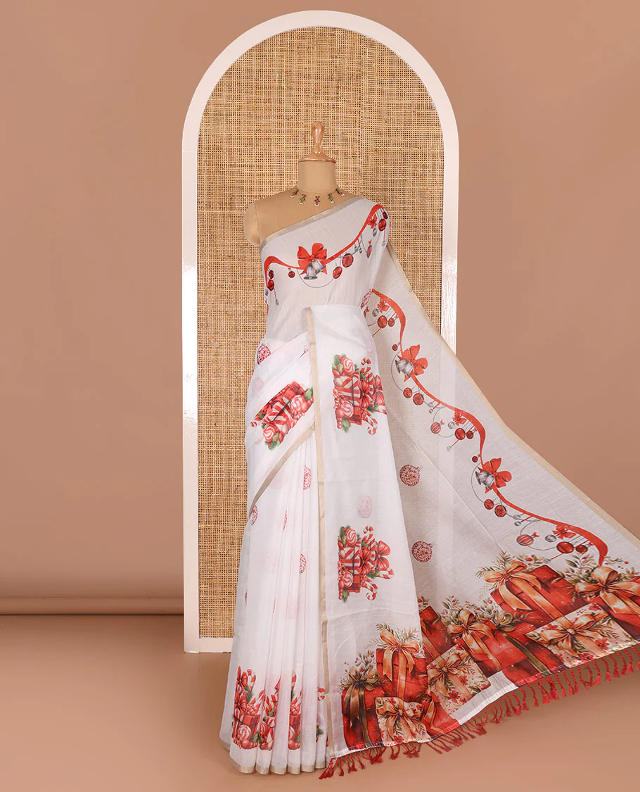 White Christmas ornaments digital printed Chanderi saree, piping border, Chirstmas theme printed pallu, and Christmas ornaments printed blouse
