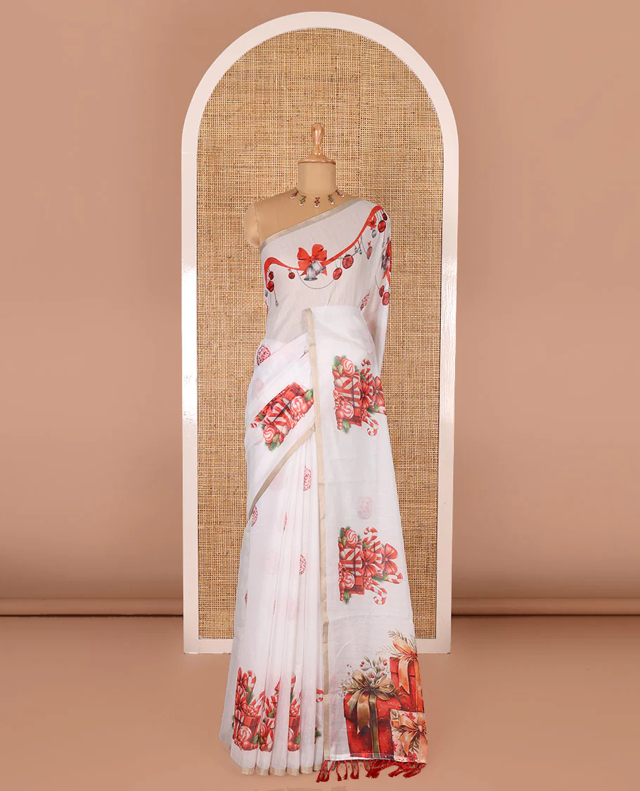 White Christmas ornaments digital printed Chanderi saree, piping border, Chirstmas theme printed pallu, and Christmas ornaments printed blouse - Image 2