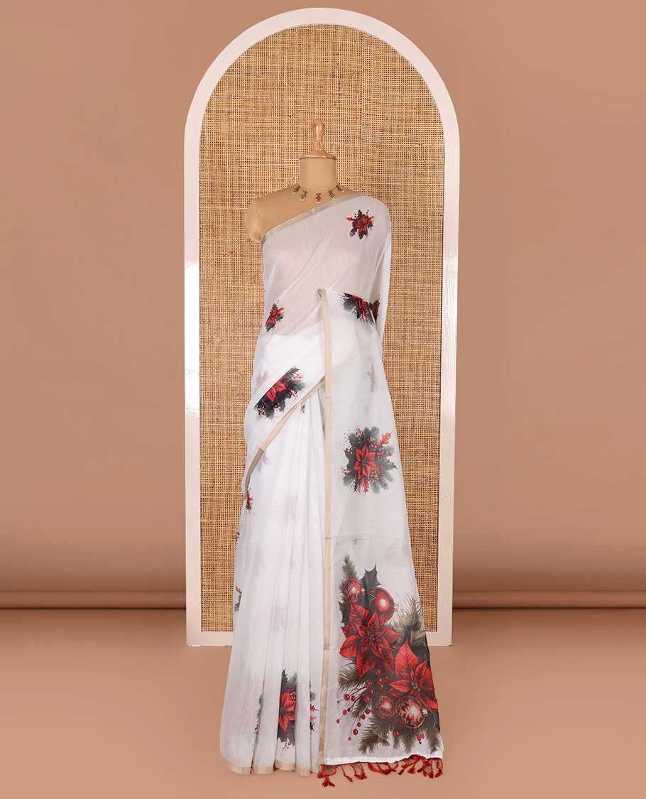 White Christmas poinsettia wreath motifs digital printed Chanderi cotton saree, piping zari border, wreath printed pallu, and a matching wreath printed blouse - Image 2