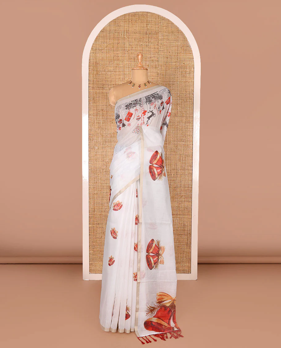 White Christmas-theme digital printed Chanderi cotton saree features bell motifs, piping zari border, big bell printed pallu, and blouse of tiny bell motifs print - Image 2