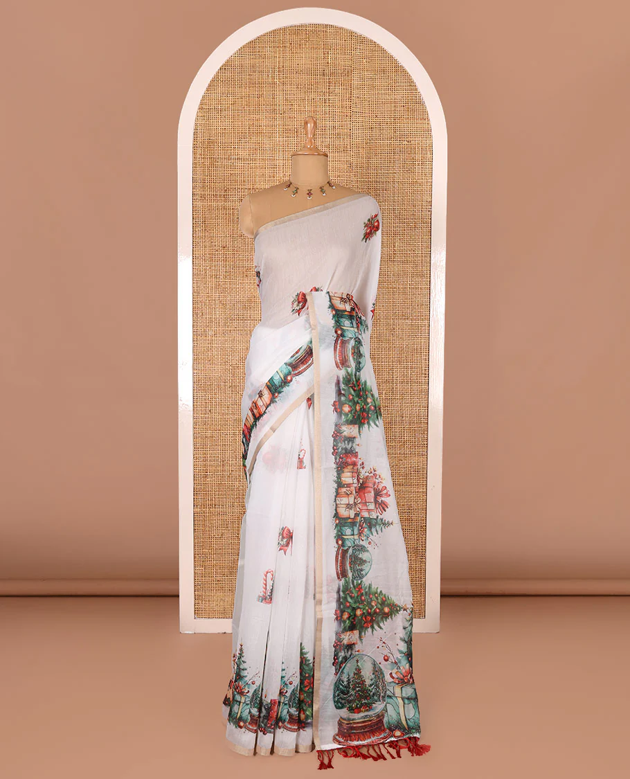 White Christmas-theme motifs digital printed Chanderi cotton saree, piping zari border, pallu of Christmas tree and gift motifs print, and Christmas-theme printed blouse - Image 2