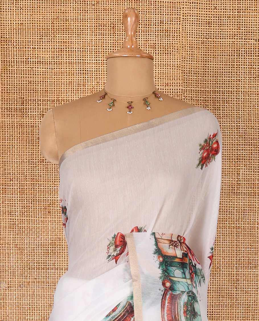White Christmas-theme motifs digital printed Chanderi cotton saree, piping zari border, pallu of Christmas tree and gift motifs print, and Christmas-theme printed blouse - Image 3