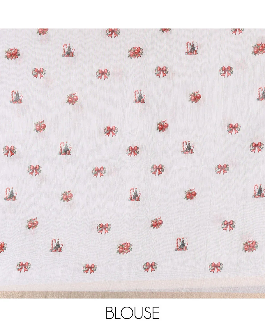White Christmas-theme motifs digital printed Chanderi cotton saree, piping zari border, pallu of Christmas tree and gift motifs print, and Christmas-theme printed blouse - Image 4