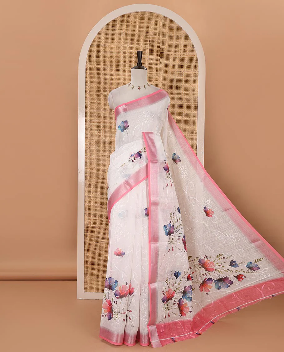 White colorful floral printed & floral vine embroidery linen cotton saree, contrast bavanji zari border & contrast print & embroidered blouse