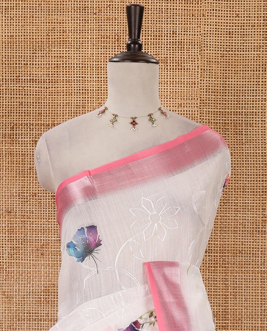 White colorful floral printed & floral vine embroidery linen cotton saree, contrast bavanji zari border & contrast print & embroidered blouse - Image 3