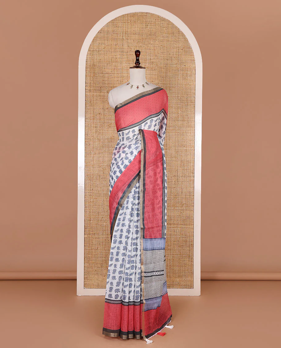 White cute elephant motifs printed linen cotton saree, contrast chevron border, pallu of stripes and chevron, and contrast printed blouse - Image 2
