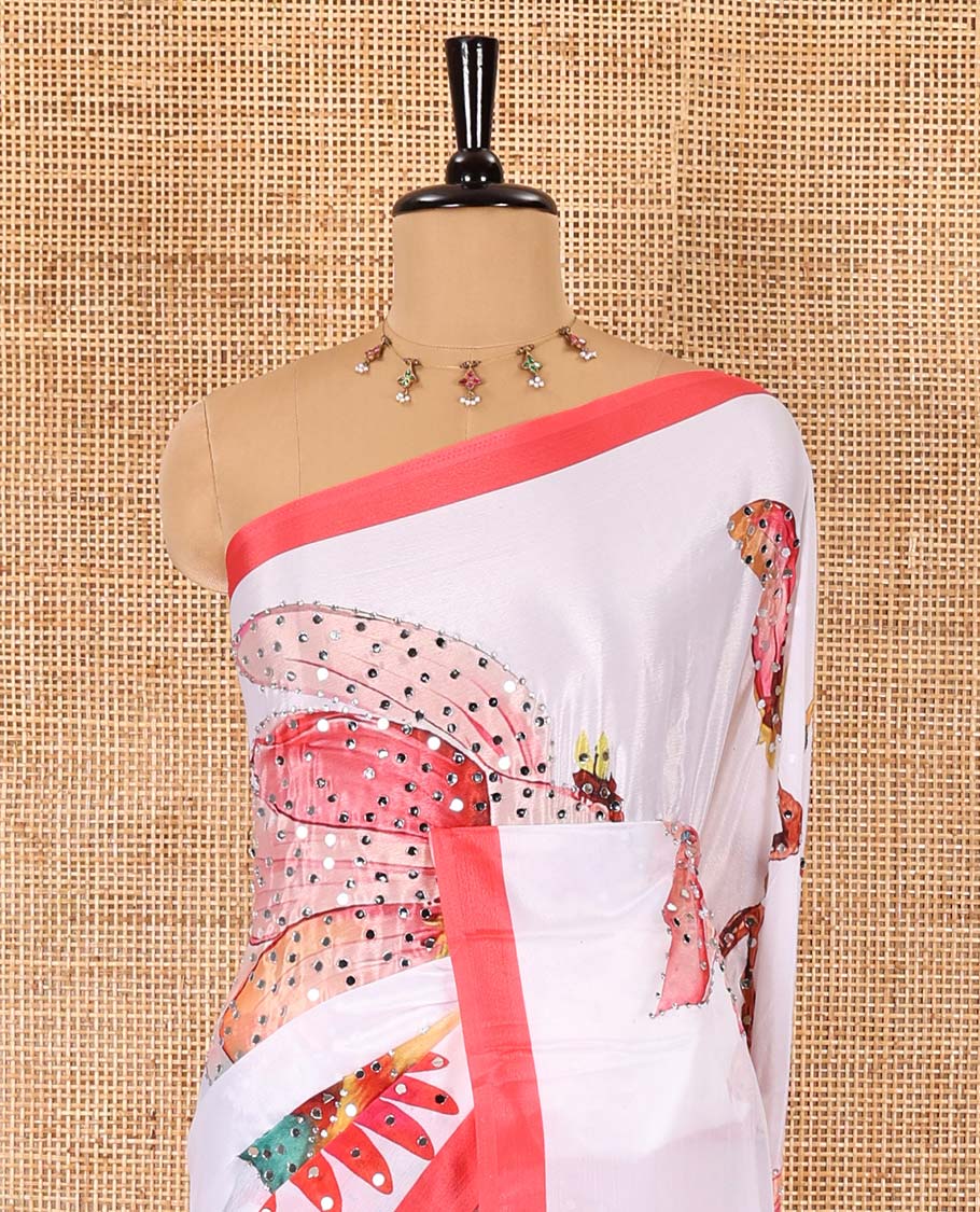 White floral-bird theme printed with mirror work masakali saree, contrast border, and a contrast floral vine printed blouse - Image 3