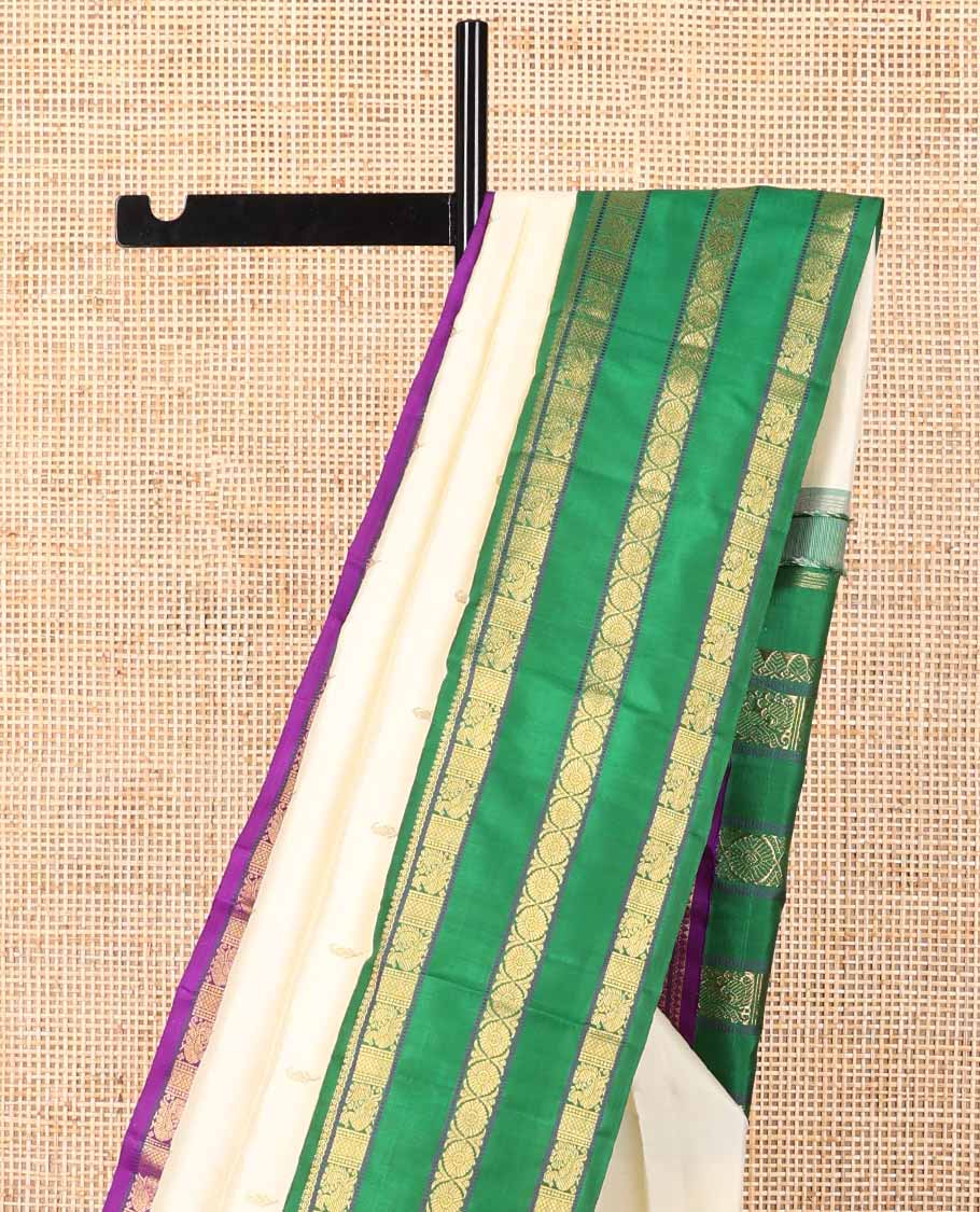 White floral buttas kancheepuram silk saree with contrast ganga jamuna, korvai border of thilakam mokku, poo chakram, mayil design & zari design pallu - Image 5