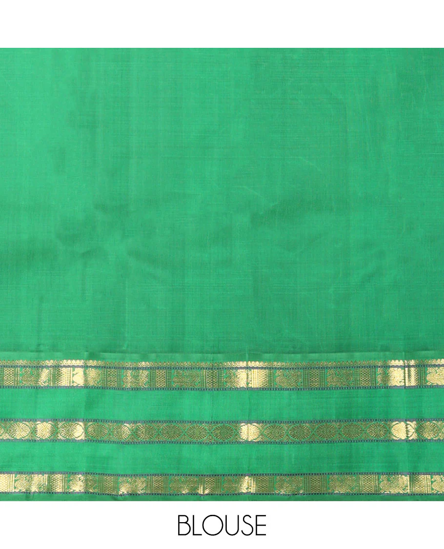 White floral buttas kancheepuram silk saree with contrast ganga jamuna, korvai border of thilakam mokku, poo chakram, mayil design & zari design pallu - Image 7