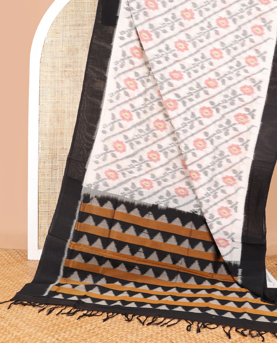 White floral design ikkat cotton saree with contrast border & geometric design pallu - Image 2