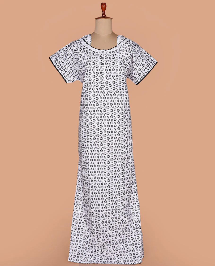 White floral motifs printed with neck embroidered half-sleeve cotton nighty - Image 2