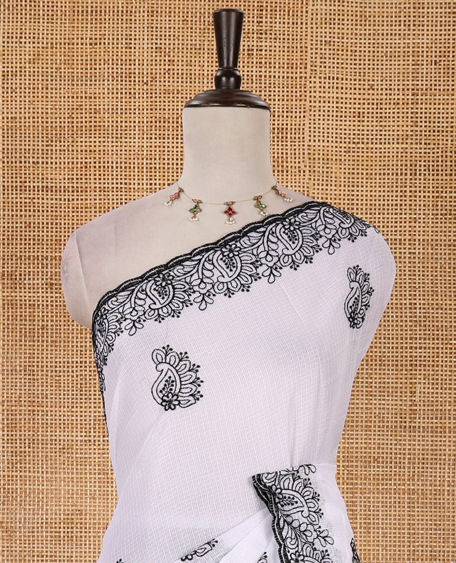 White floral-paisley embroidered kota checked saree, floral-paisley thread embroidered scallop border & matching embroidered blouse - Image 3