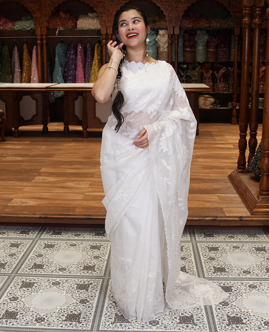 White floral vine applique embroidered linen saree, scallop border, floral motifs embroidered pallu, and a plain blouse - Image 2